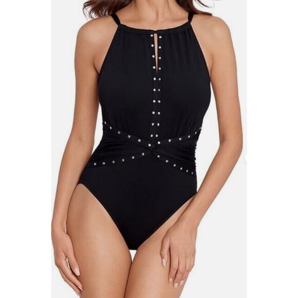 MagicSuit Women's‎ Swimsuit Size 14 Black Riveted Diana One Piece By Miraclesuit - Picture 1 of 9